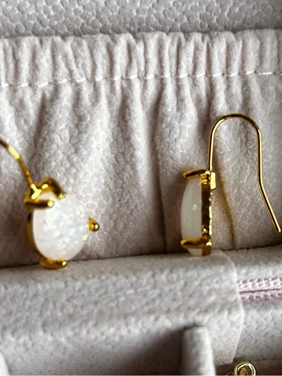 Gold tone Teardrop faux Opal Dangle Earrings - White Iridescent - Picture 2 of 2